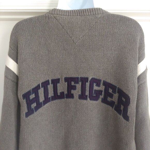 Tommy Hilfiger Thick Woven Crew Neck Large F/Back Logo Blue/Grey Mens XL Preppy - Picture 7 of 12